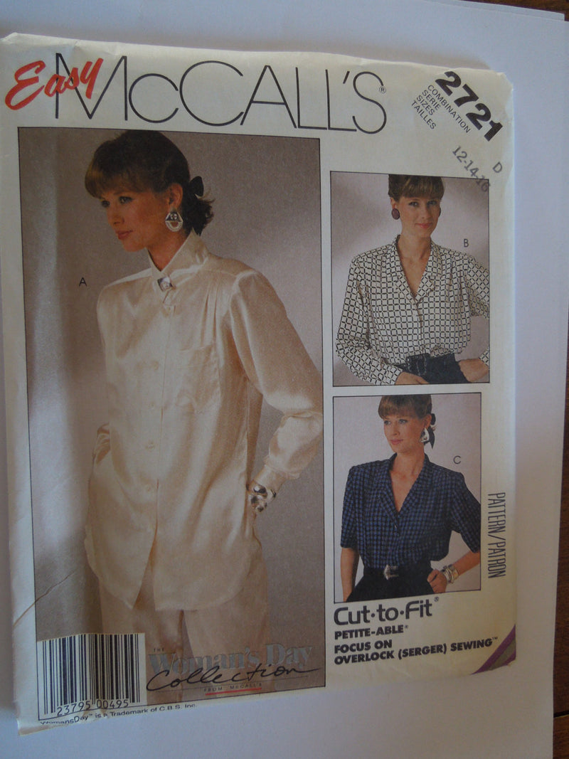 McCalls 2721, Misses Blouses, Shirts, Petite, UNCUT sewing pattern, size varies