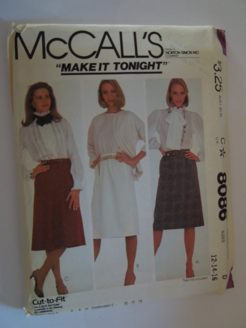 McCalls 8086 , Misses, Skirts, Sizes 12 to 16, UNCUT sewing pattern,