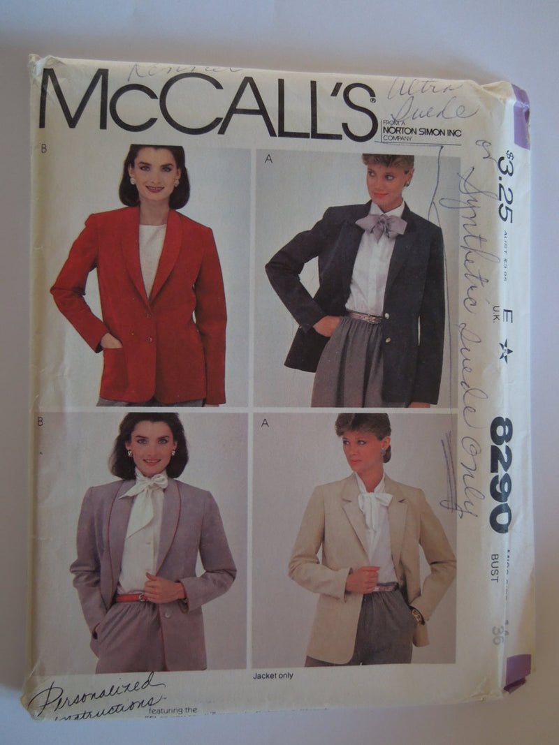 McCalls 8290, Misses,  Jackets, Lined, Sizes Vary, UNCUT sewing pattern,