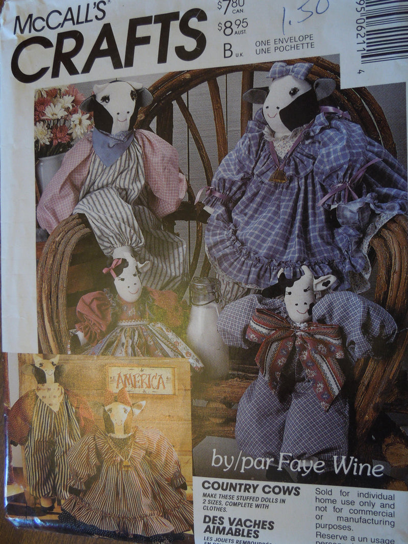 McCalls 621 Crafts, country cows with clothes, UNCUT sewing pattern,