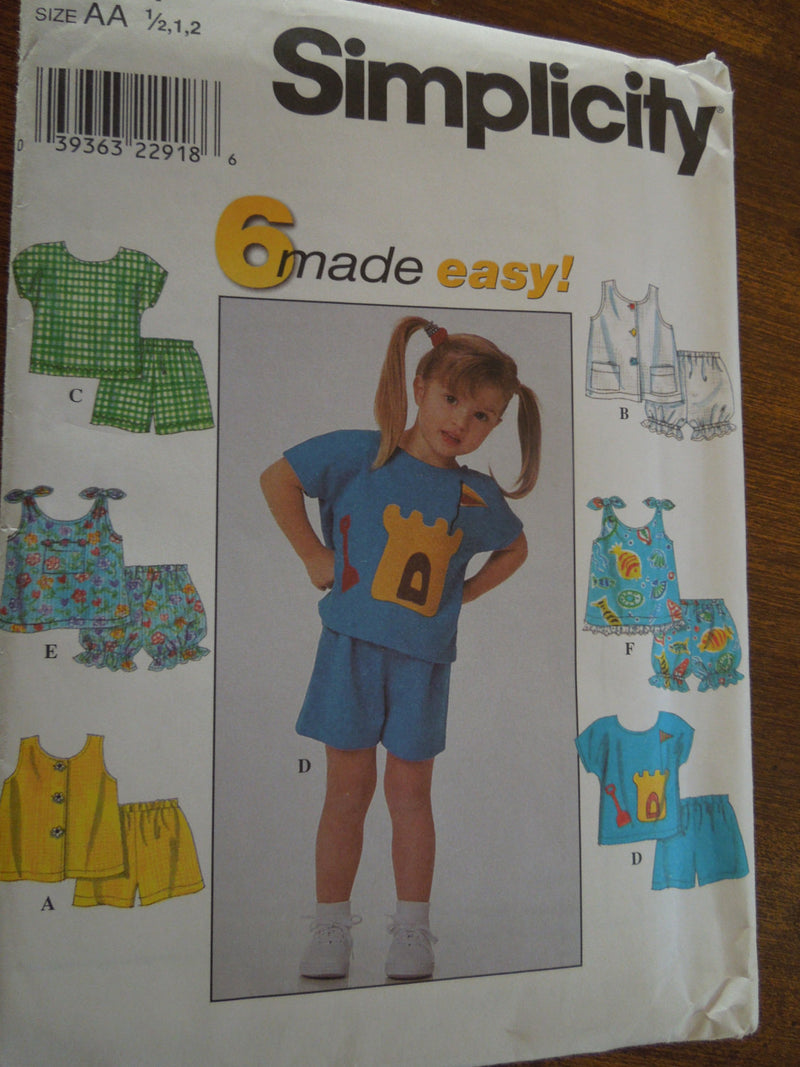 Simplicity 8674, Girls, Tops, Shorts, Sizes 1/2, 1, 2, UNCUT sewing pattern,