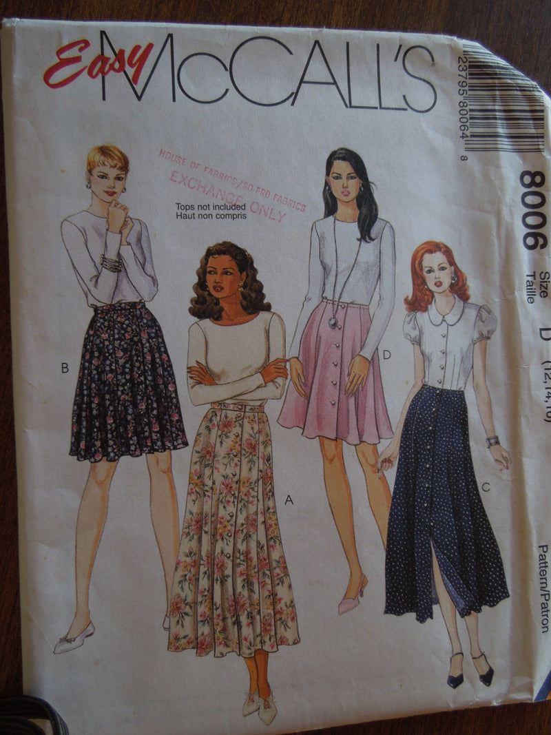 McCalls 8006, Misses, Skirts, Sz Varies,  UNCUT sewing pattern,