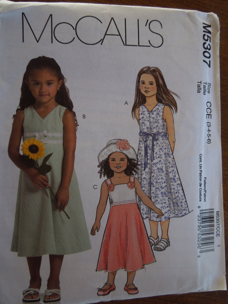 McCalls M5307, Girls Dresses,  UNCUT sewing pattern,