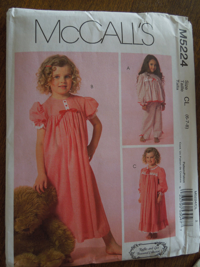 McCalls M5224, Girls Sleepwear, Robes, Sizes 6-7-8, UNCUT sewing pattern,