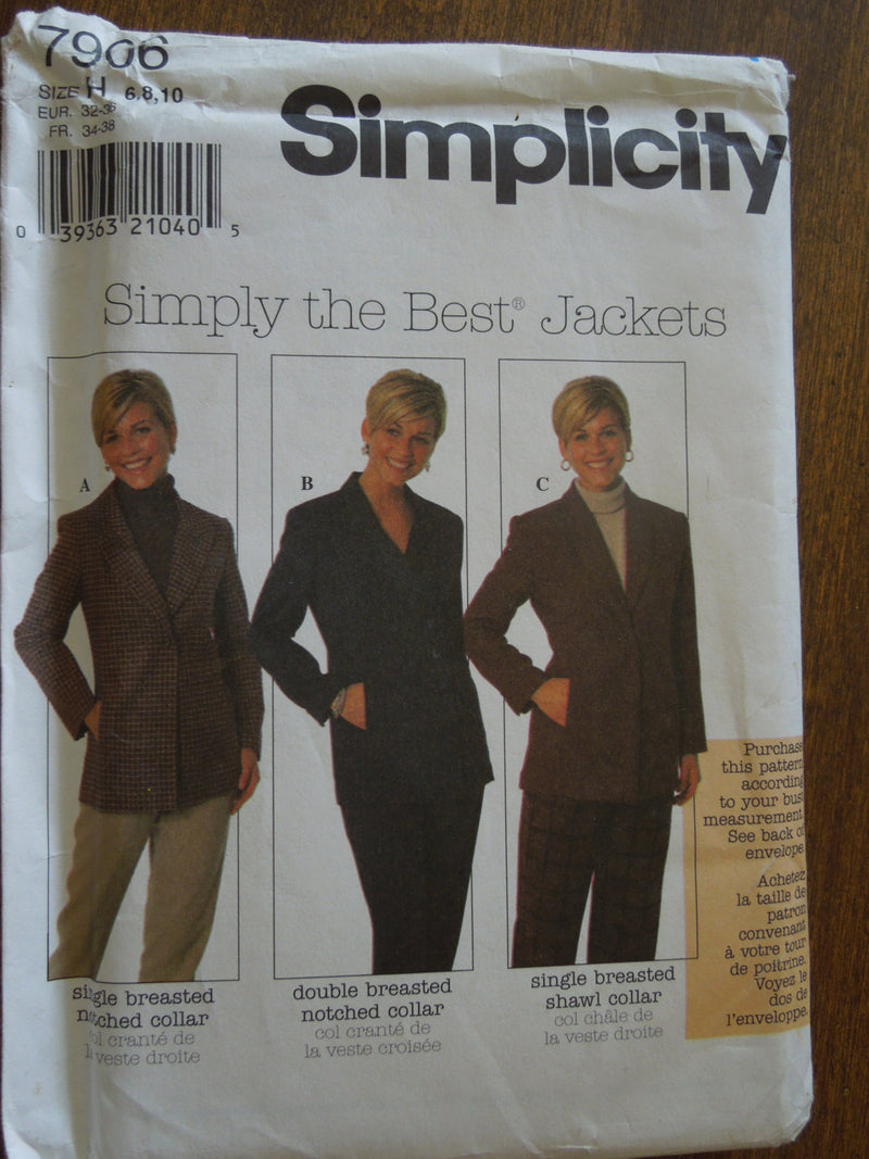 Simplicity 7906, Misses Jackets, Lined, UNCUT sewing pattern,