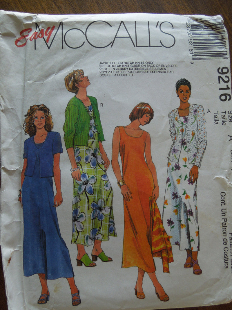 McCalls 9216, Misses, Dresses, Knit Jackets, Sizes 6-10, UNCUT sewing pattern,