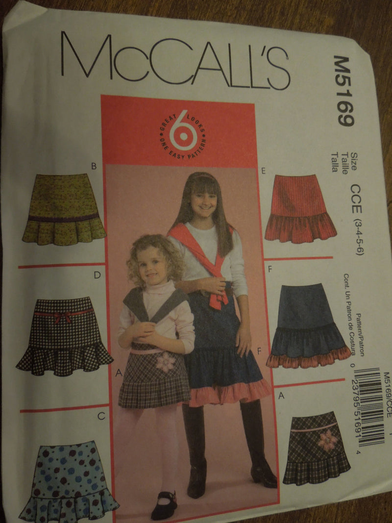 McCalls M5169, Girls Skirts, UNCUT sewing pattern,