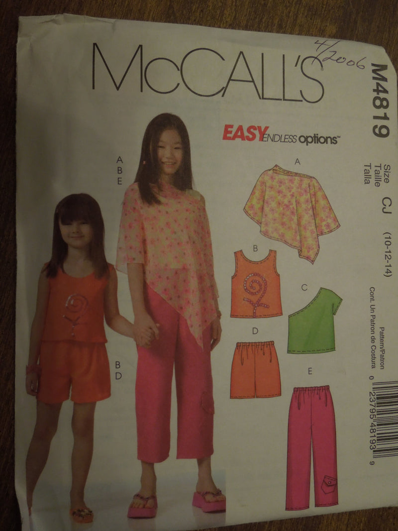 McCalls M4819, Girls, Separates, Ponchos, Capri pants, UNCUT sewing pattern,