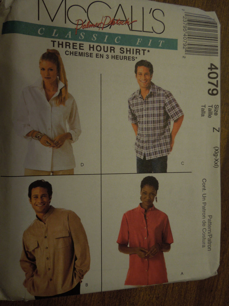 McCalls 4079, Mens, Misses, Shirts, UNCUT sewing pattern,