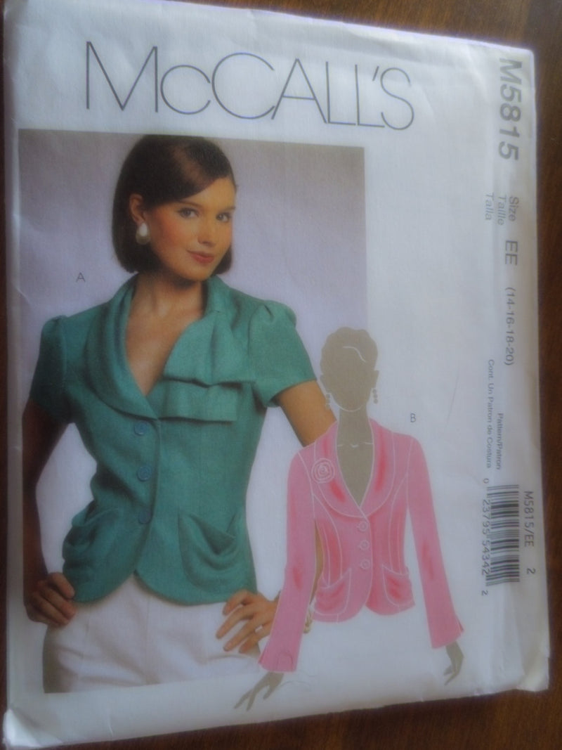 McCalls M5815, Misses, Jackets, Lined, Size Varies,  UNCUT sewing pattern,