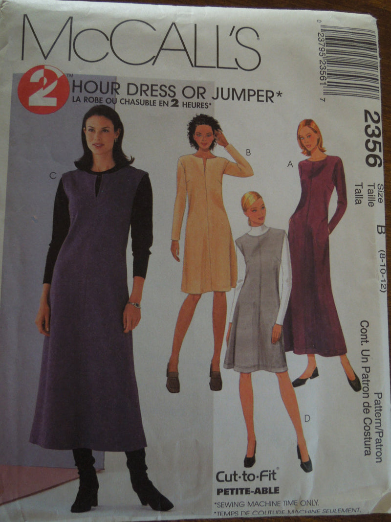 McCalls 2356, Misses Dresses or Jumpers, UNCUT sewing pattern, Petite-able,
