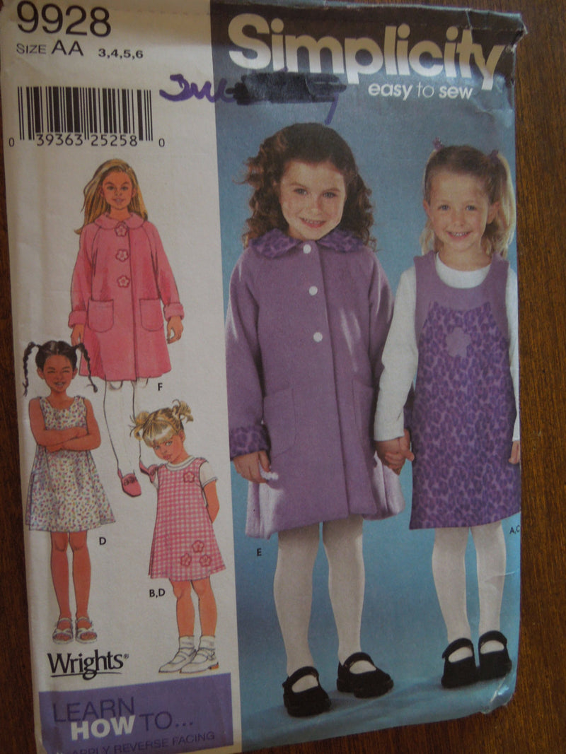 Simplicity 9928, Girls, Coats, Jumpers, Tops, UNCUT sewing pattern,